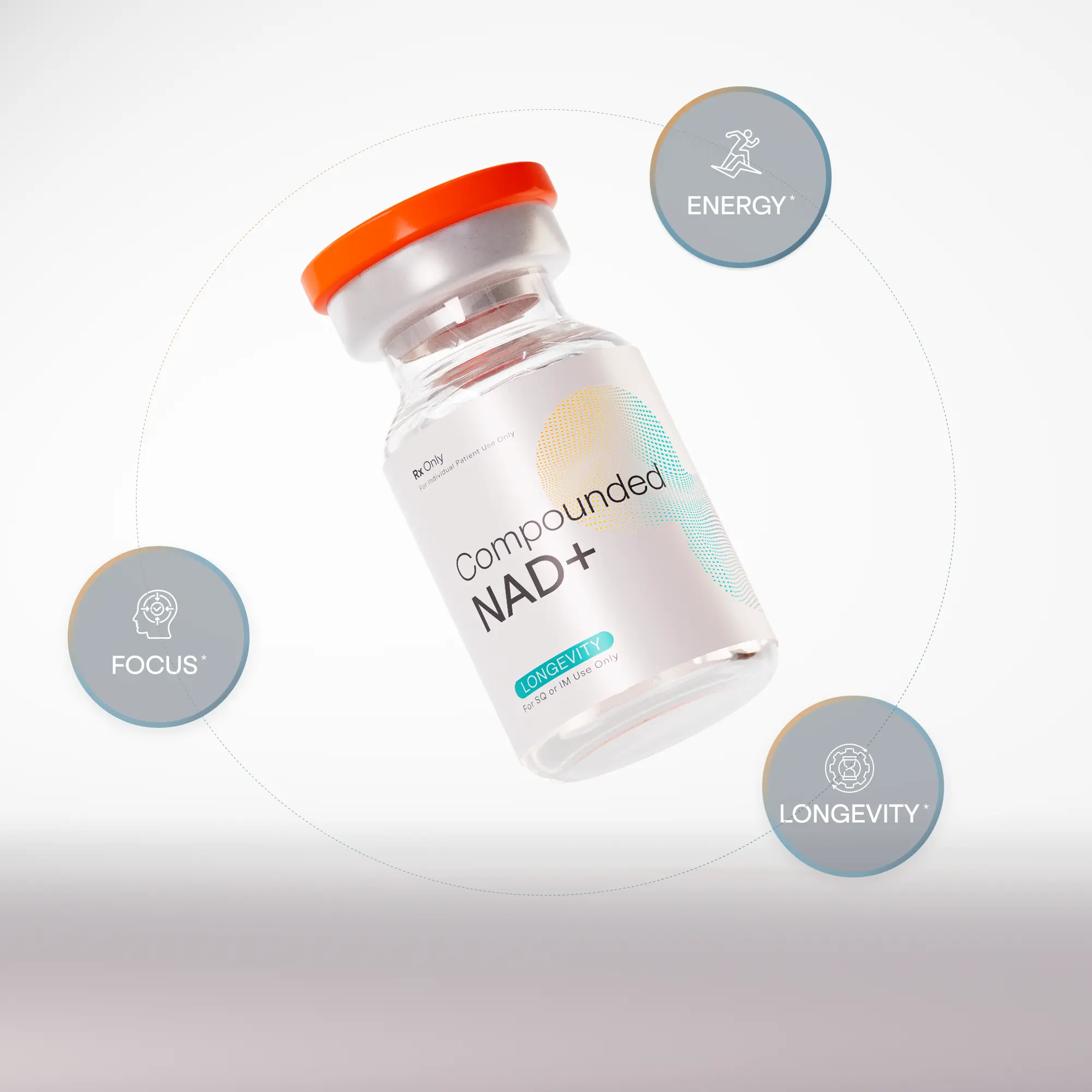 Bottle of compounded NAD+ supplement with benefits on a white background