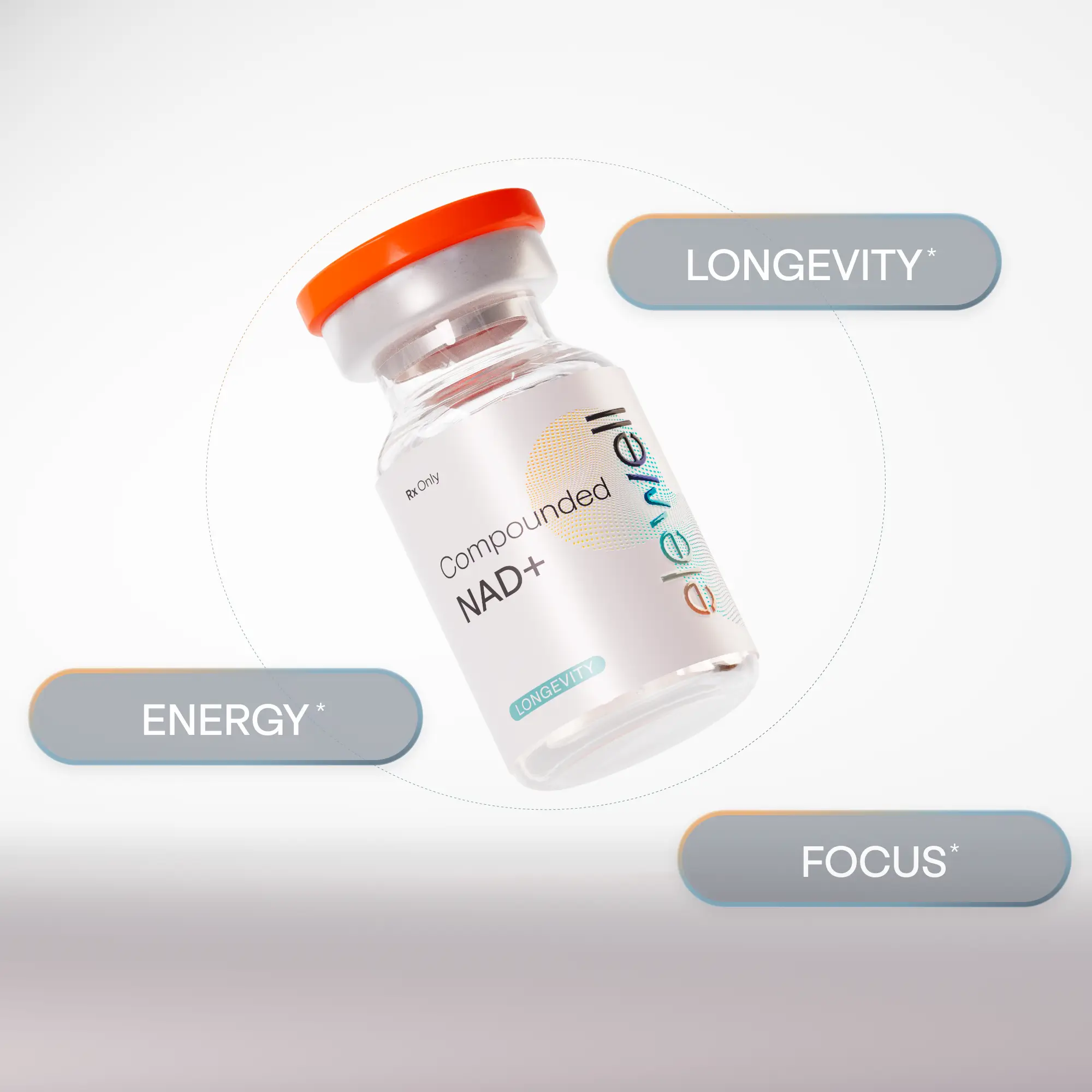 Vial labeled 'elewell' with 'Compounded NAD+' on a gradient background