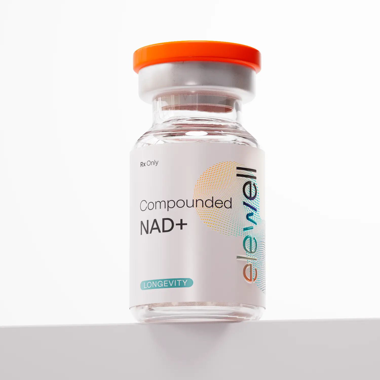 Vial labeled 'Compounded NAD+ Longevity' with orange cap on a white background