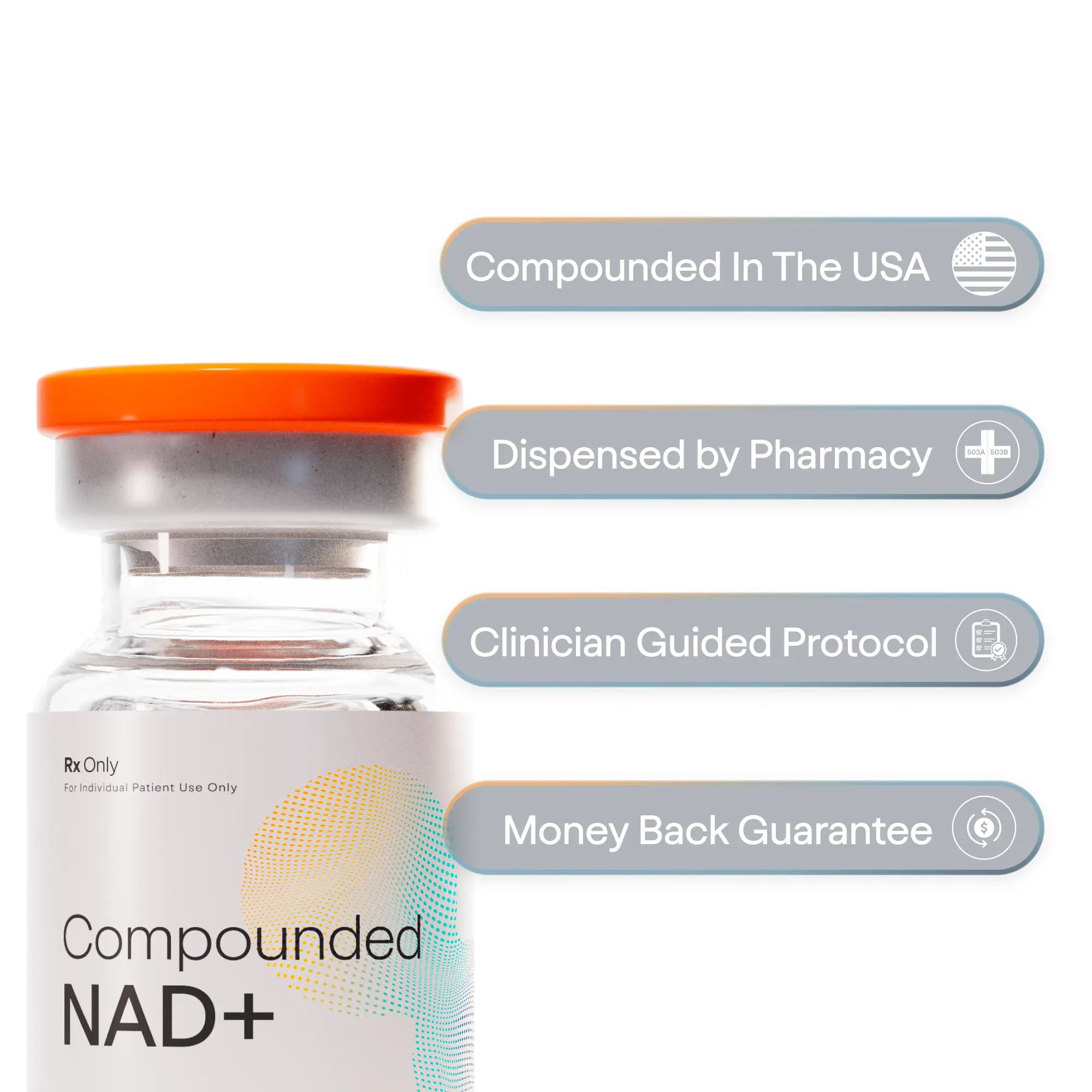 Vial labeled 'Compounded NAD+' with text about its manufacturing and dispensing process on a white background.