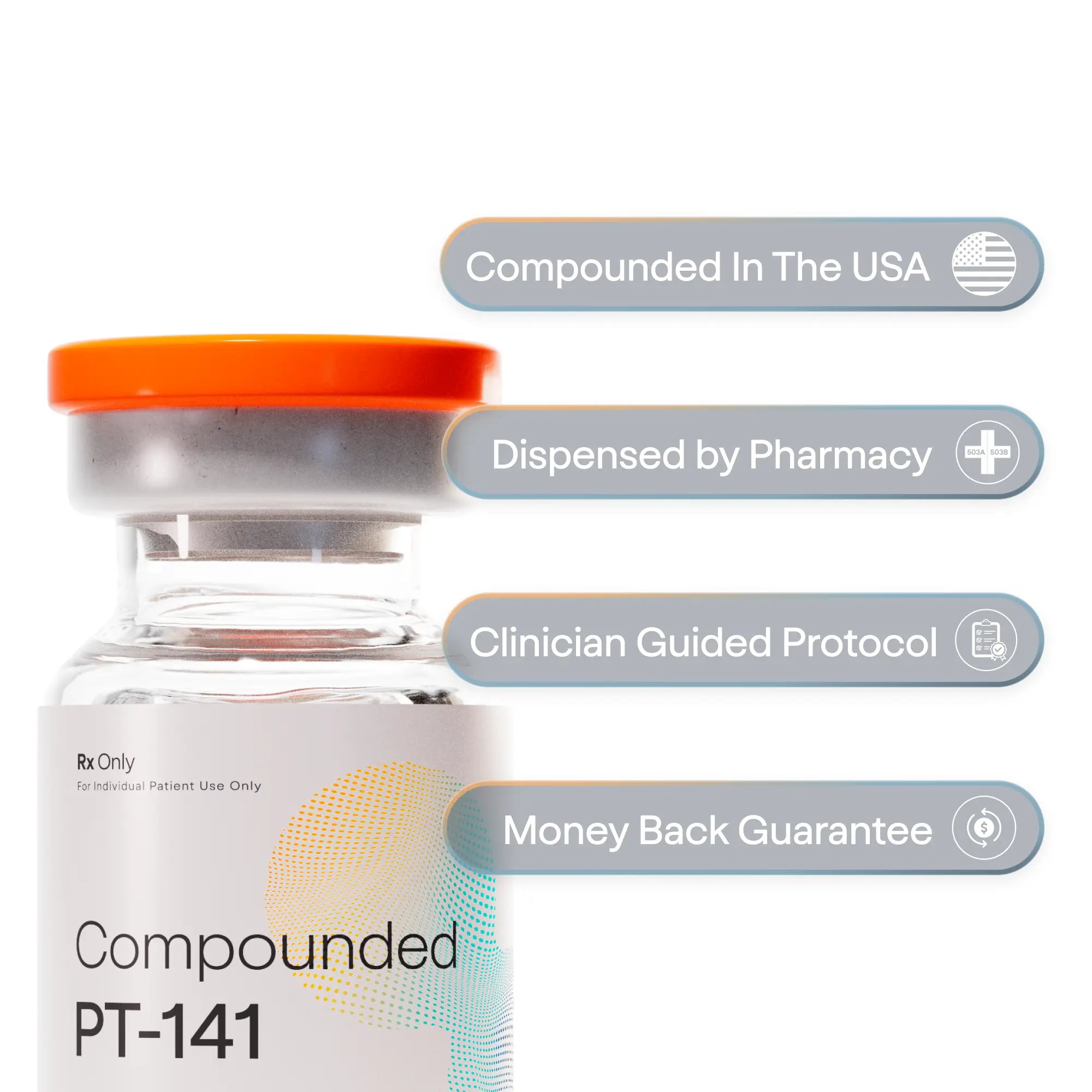 Vial labeled 'Compounded PT-141' with text about its manufacturing and dispensing process on a white background.