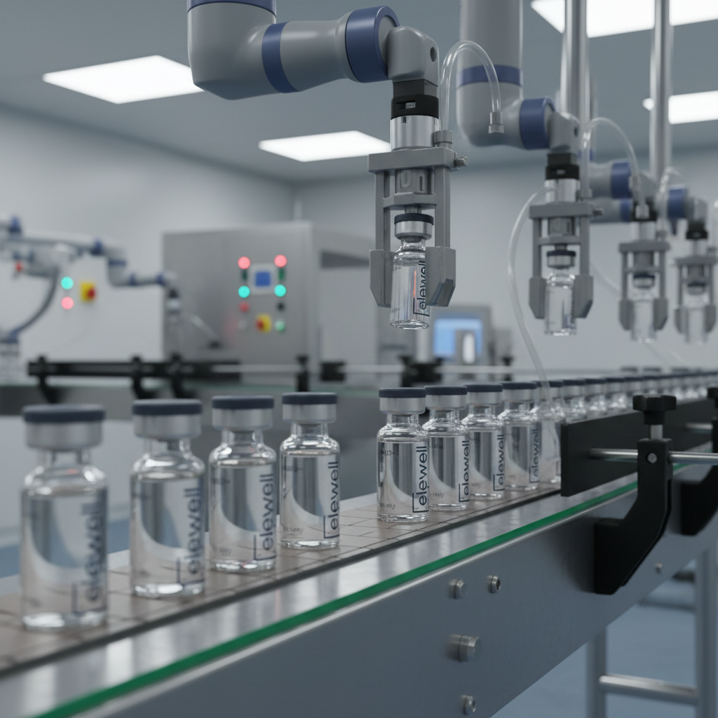Automated pharmaceutical compounding line in a U.S. pharmacy filling Elewell vials to ensure purity and potency.