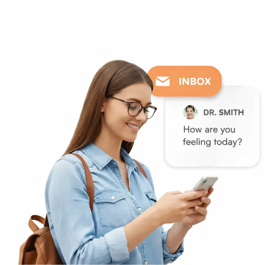 Woman with glasses using a smartphone with an inbox notification on a white background