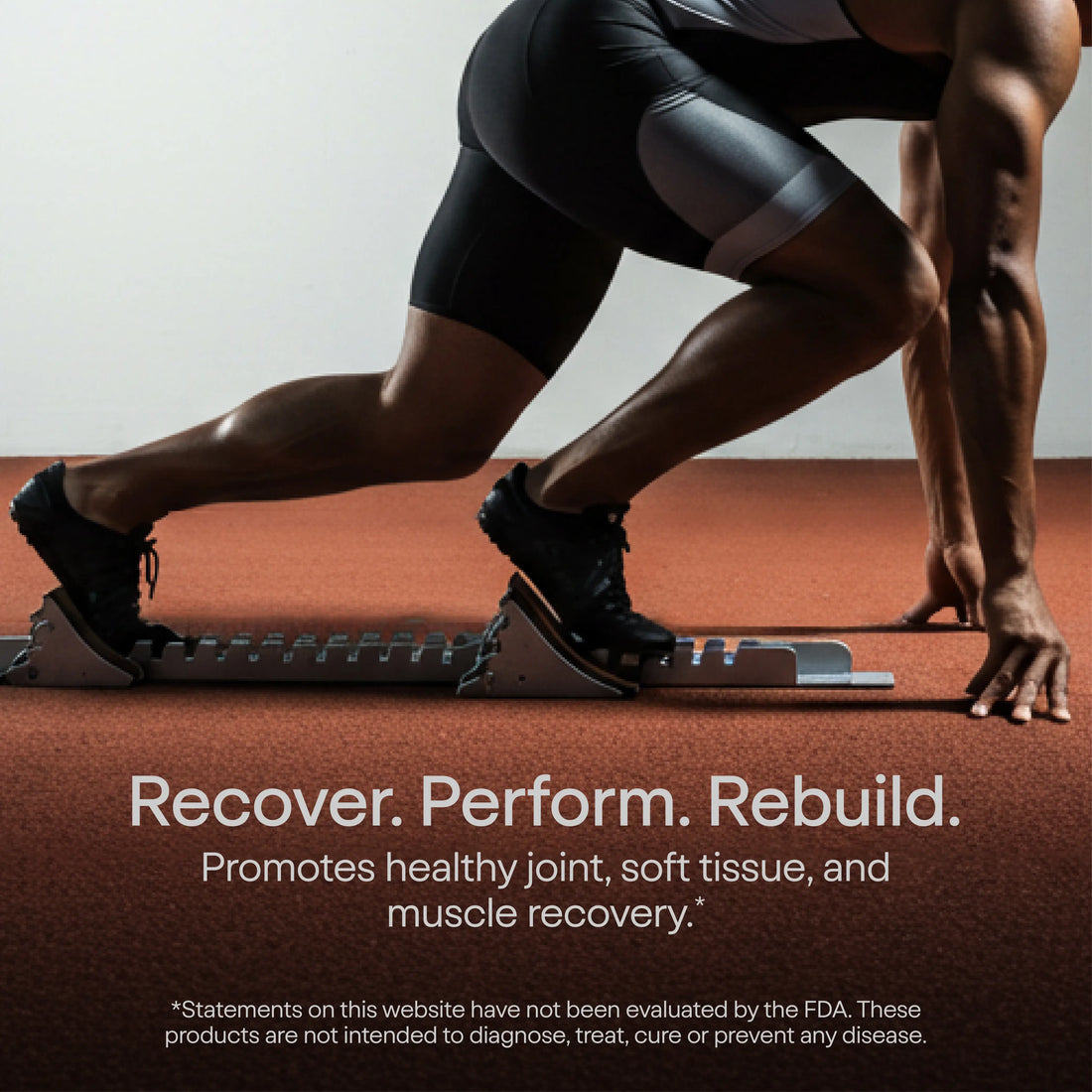 Action shot of a sprinter in starting blocks titled 'Recover. Perform. Rebuild.,' illustrating elewell Liposomal BPC's support for healthy joint, soft tissue, and muscle recovery.
