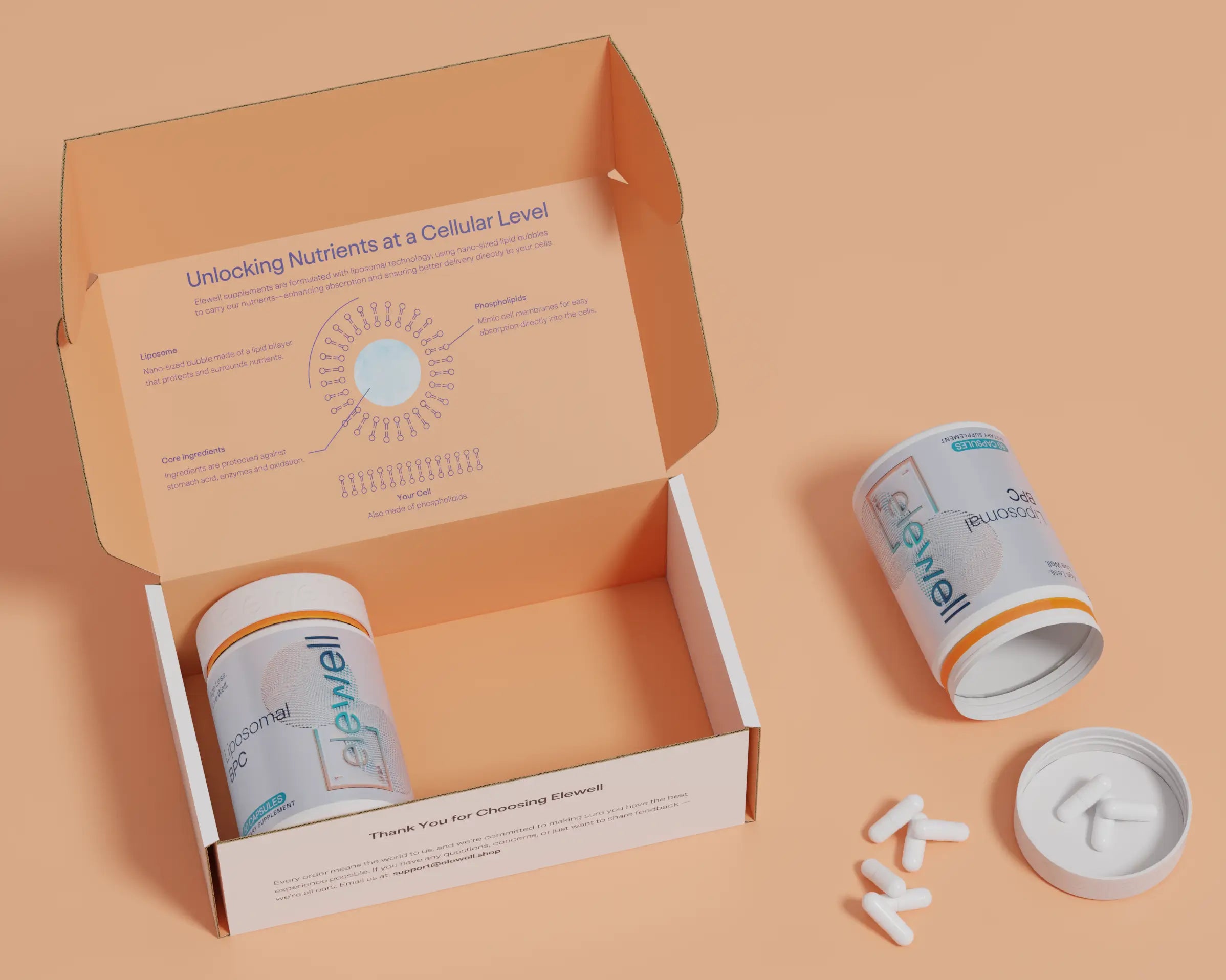 Open elewell shipping box displaying Liposomal BPC supplement bottles and interior packaging explaining cellular nutrient absorption.