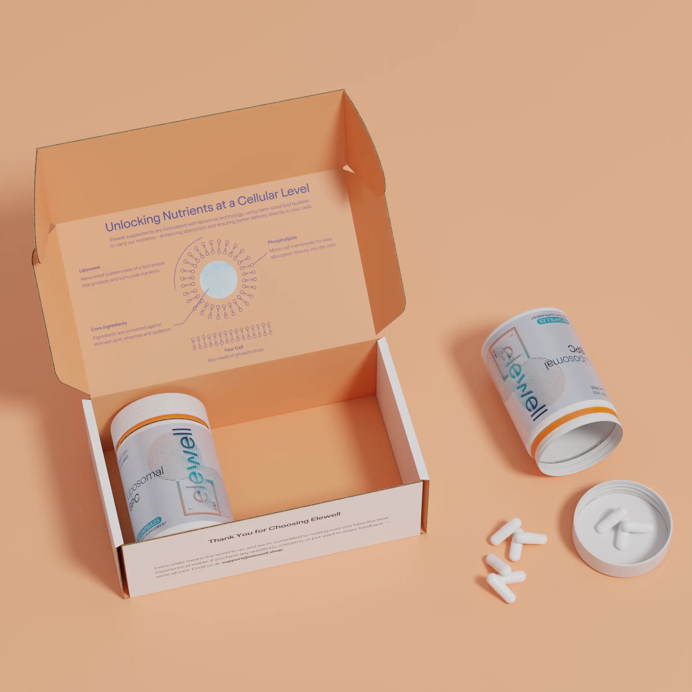 Open elewell shipping box displaying Liposomal BPC supplement bottles and interior packaging explaining cellular nutrient absorption.