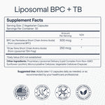 Supplement label for Liposomal BPC + TB with ingredient details and usage instructions.