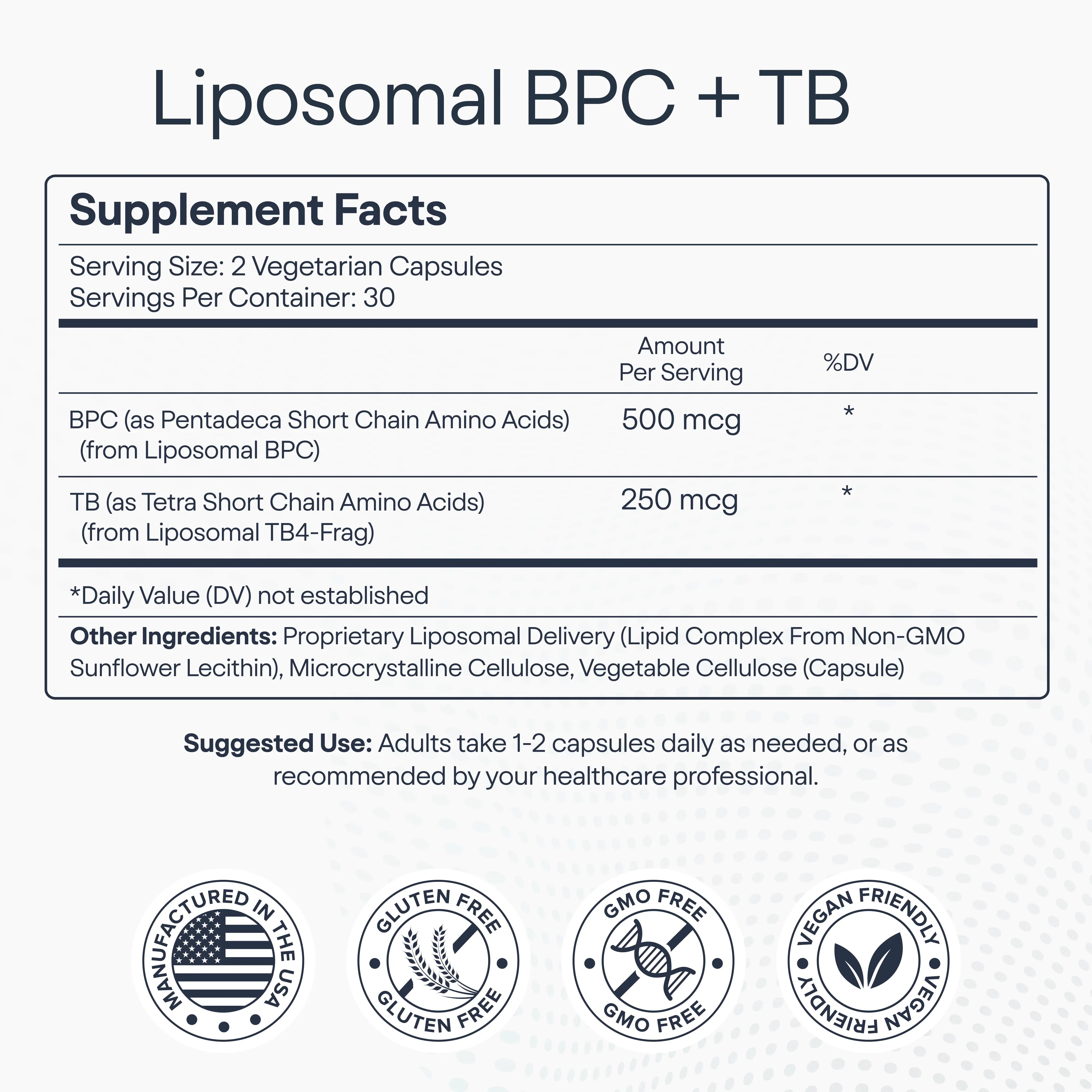 Supplement label for Liposomal BPC + TB with ingredient details and usage instructions.