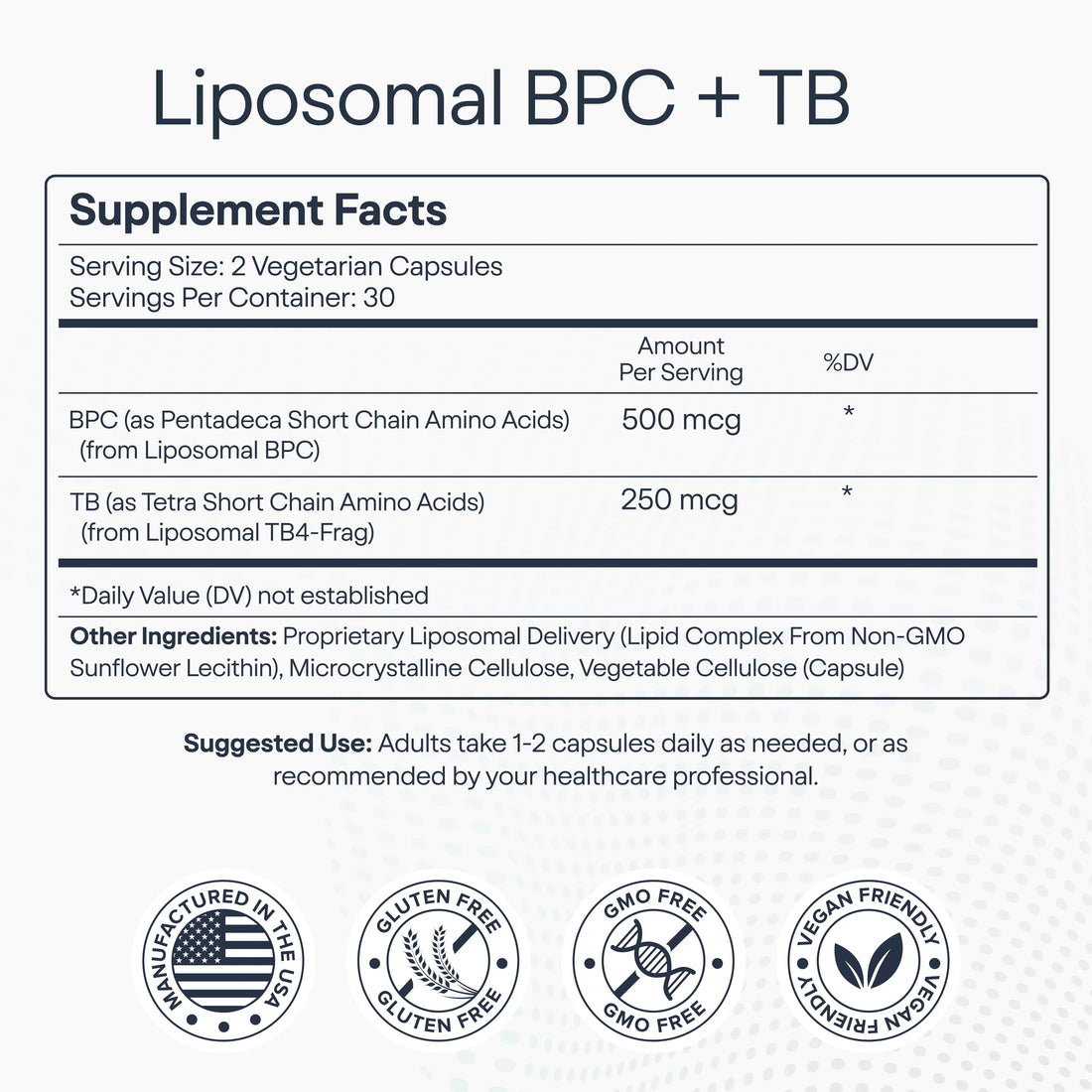 Supplement label for Liposomal BPC + TB with ingredient details and usage instructions.