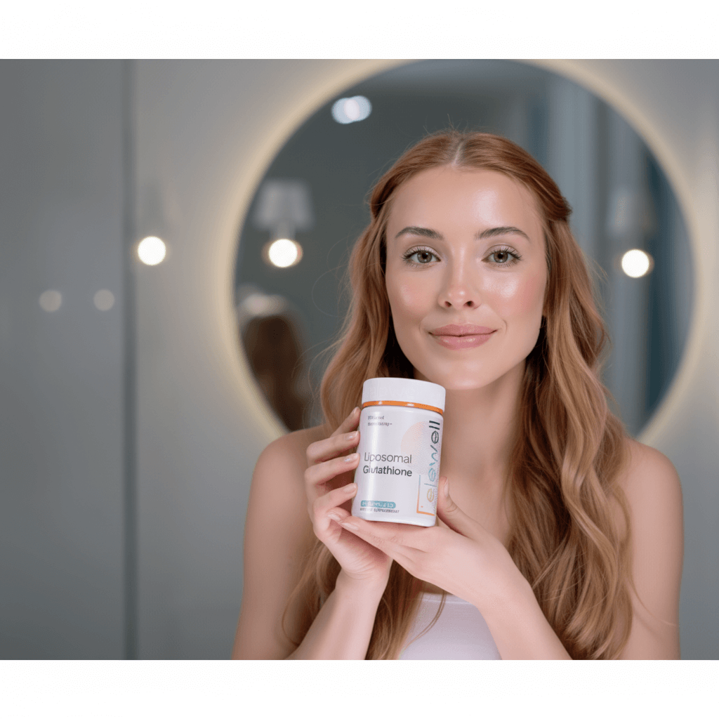 Woman with radiant skin holding a bottle of elewell Liposomal Glutathione in a bathroom setting, highlighting skin health benefits.