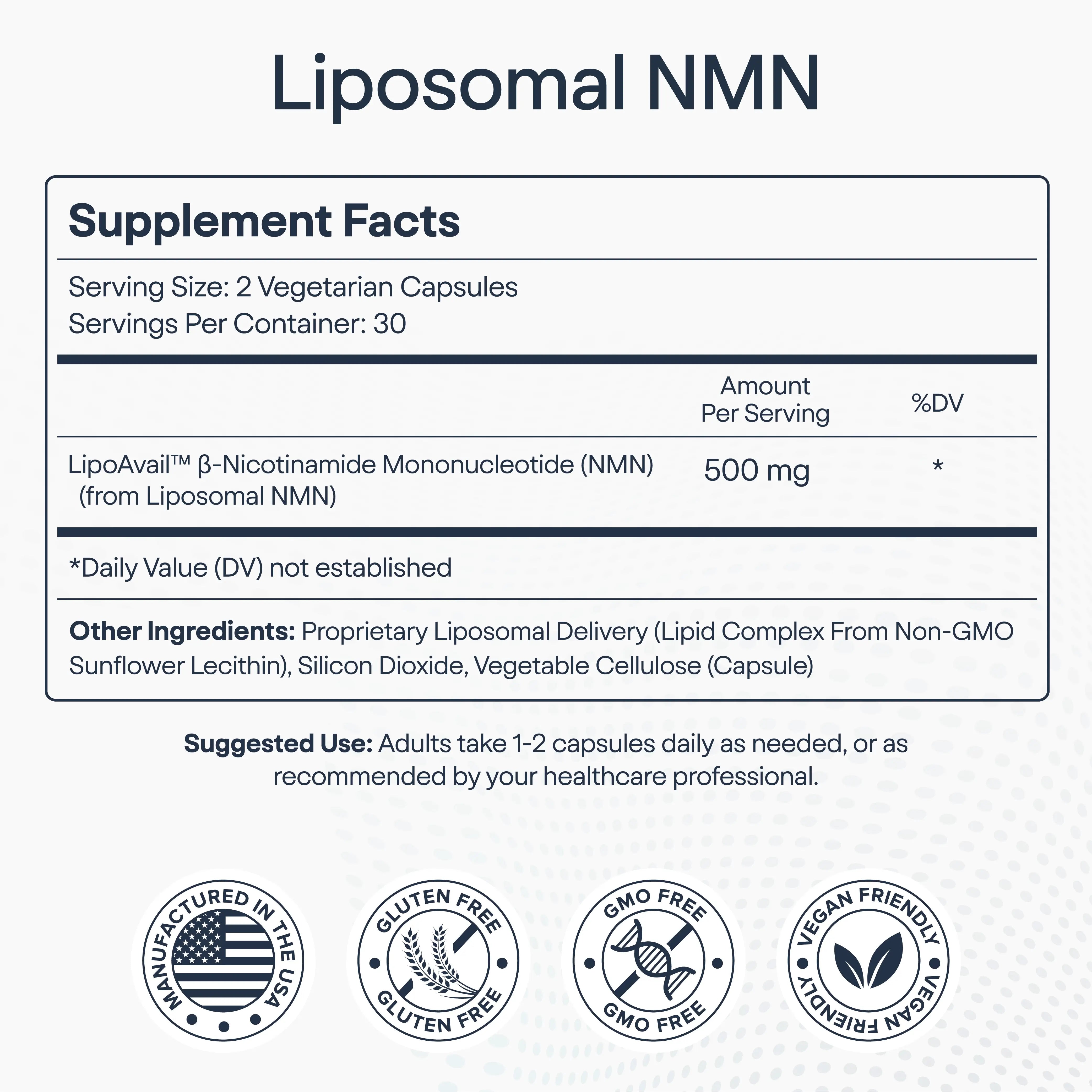 Supplement facts label for elewell Liposomal NMN showing 500 mg LipoAvail™ β-Nicotinamide Mononucleotide per serving, vegan and gluten-free.