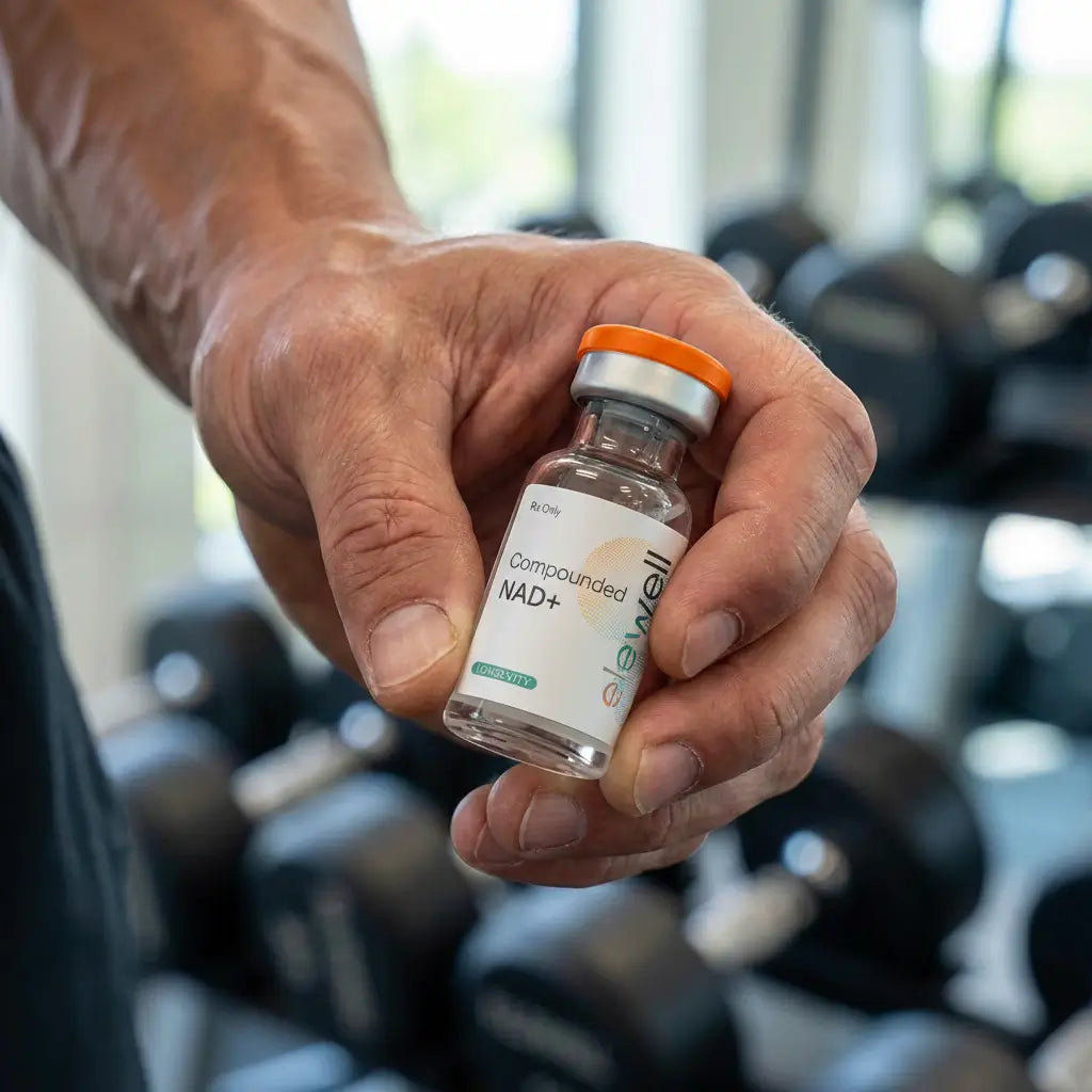 Hand holding a bottle labeled 'NAD+' in a gym setting