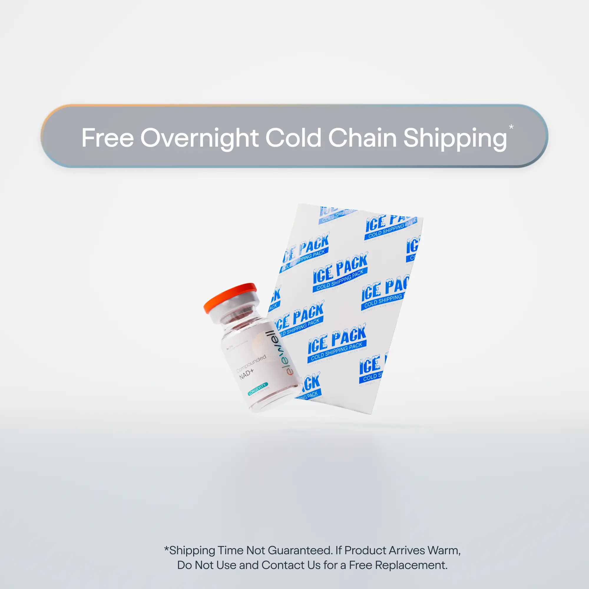 Vaccine vial with ice packs and 'Free Overnight Cold Chain Shipping' text on a light gray background.