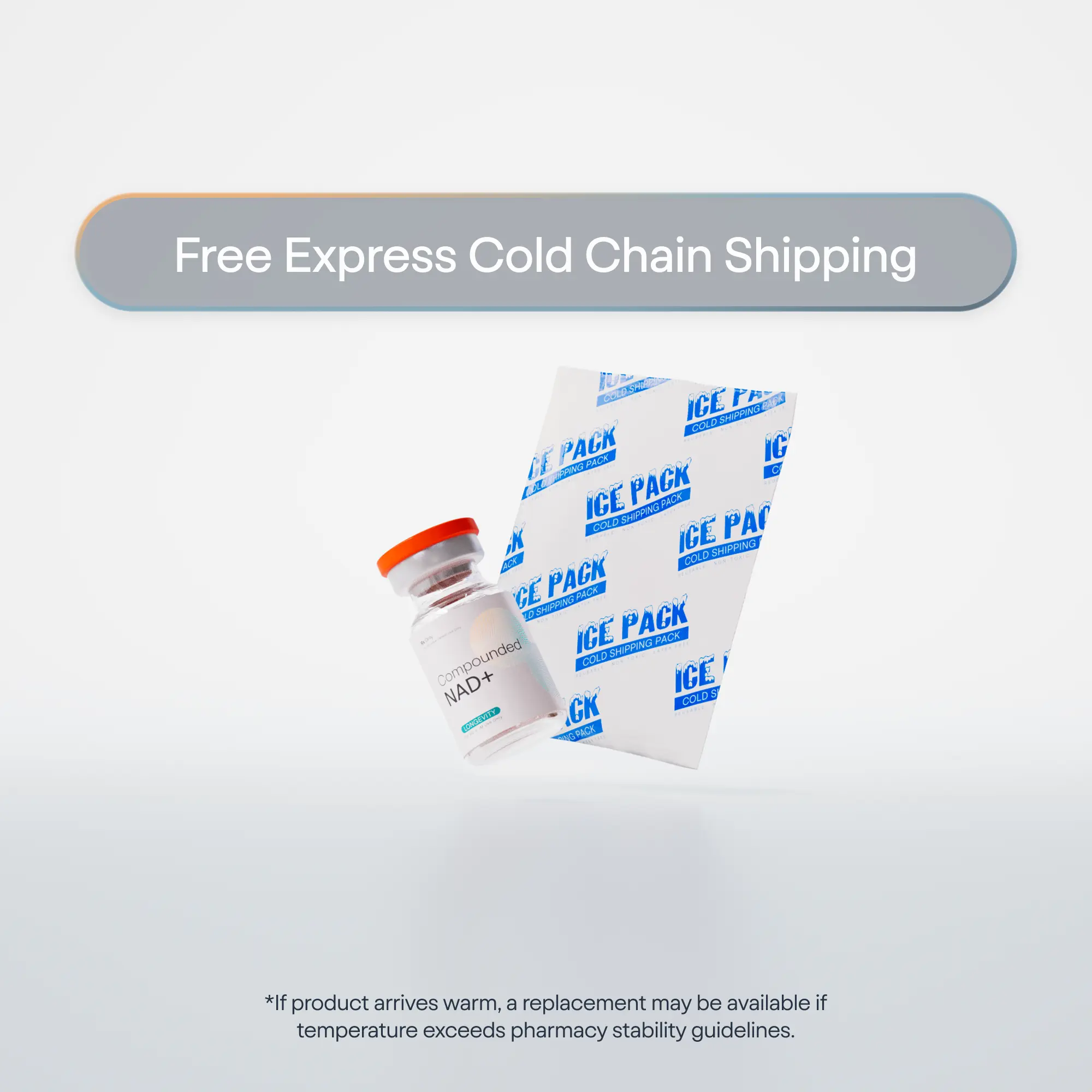 Vaccine vial with ice packs and 'Free Express Cold Chain Shipping' text on a light gray background.