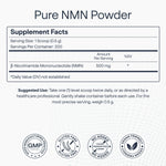 A supplement facts label for Pure NMN Powder on a light gray background. The label shows serving size, servings per container, amount per serving of 500 mg of Beta-Nicotinamide Mononucleotide (NMN), suggested use, and four certification-style badges at the bottom reading GMP Certified, Gluten Free, No Added Colors, Preservatives, Flavors, and Vegan Friendly.