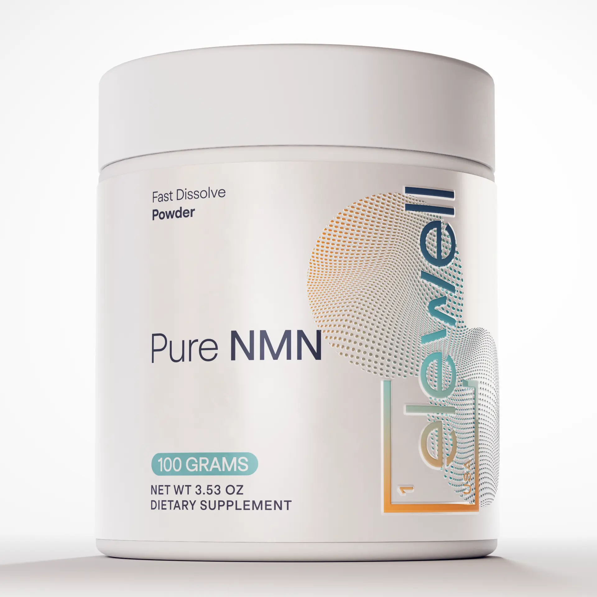 A white plastic tub of Elewell Pure NMN dietary supplement powder, 100 grams, on a clean white background.