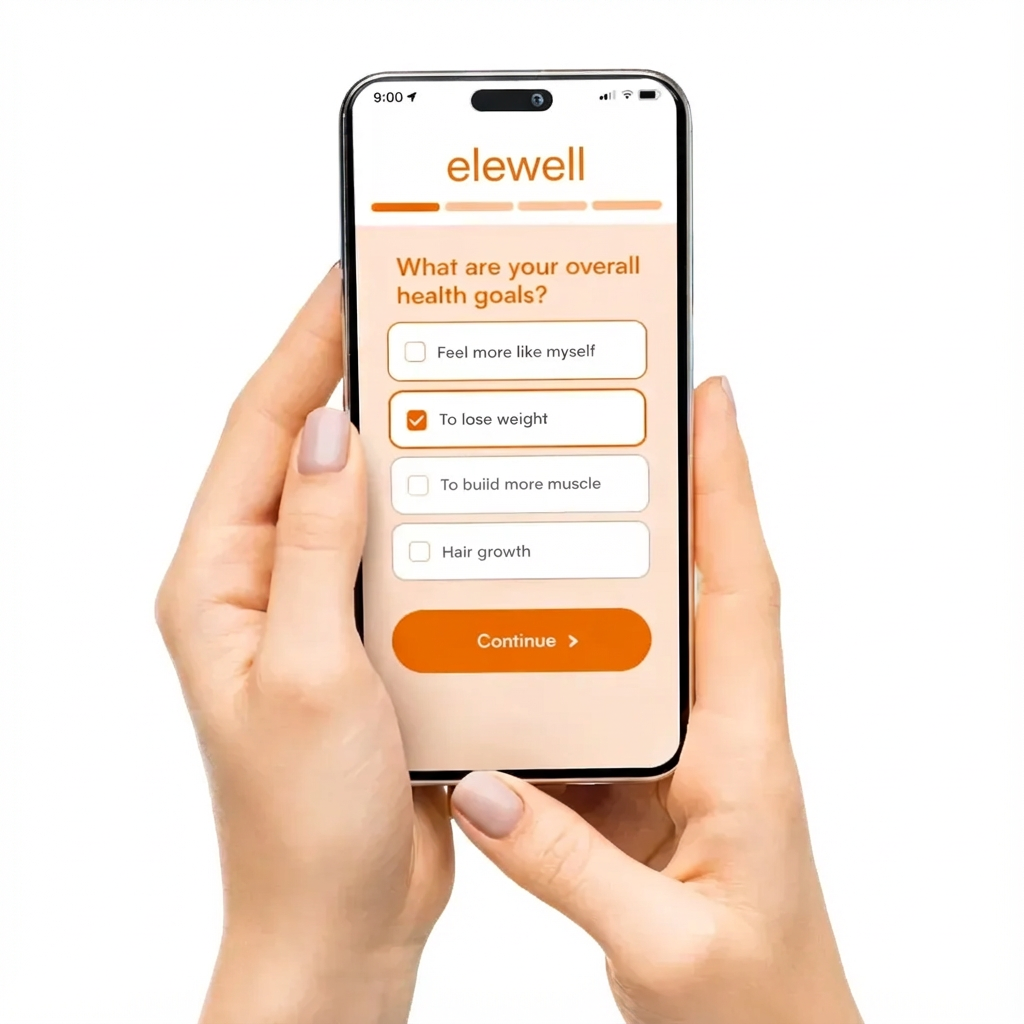 Hands holding a smartphone displaying the Elewell personalized health goals quiz with weight loss selected.
